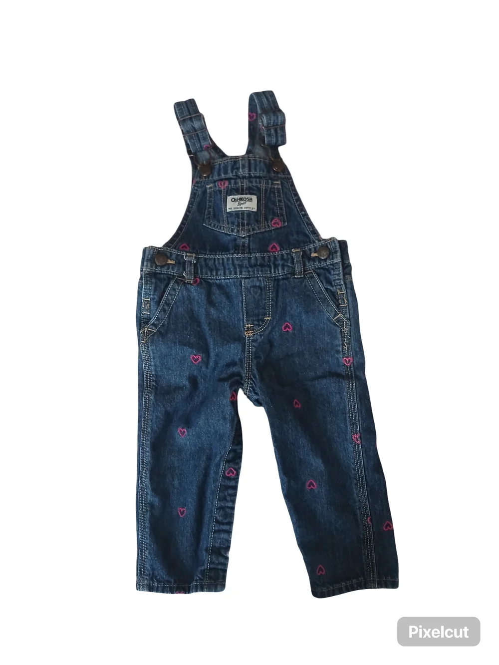 Oshkosh B'gosh Blue Jean Overalls with Pink Embroidered Hearts Girl's 12 Mo